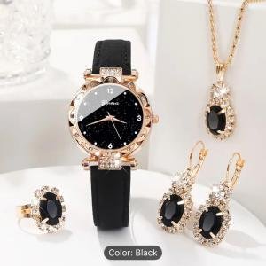 Elegant 5pcs Women’s Watch & Jewelry Set – rhinestone design, faux leather band, quartz movement. Perfect gift for Mom, birthdays, or daily wear.