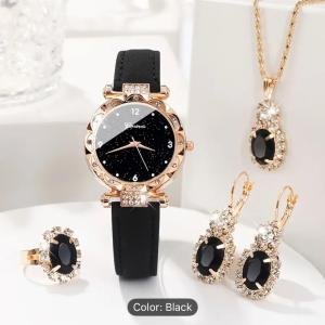 Elegant 5pcs Women’s Watch & Jewelry Set – rhinestone design, faux leather band, quartz movement. Perfect gift for Mom, birthdays, or daily wear.